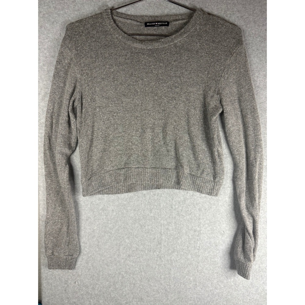 Brandy Melville Womens Grey Knit Cropped Sweater Long Sleeve One Size Crew Neck